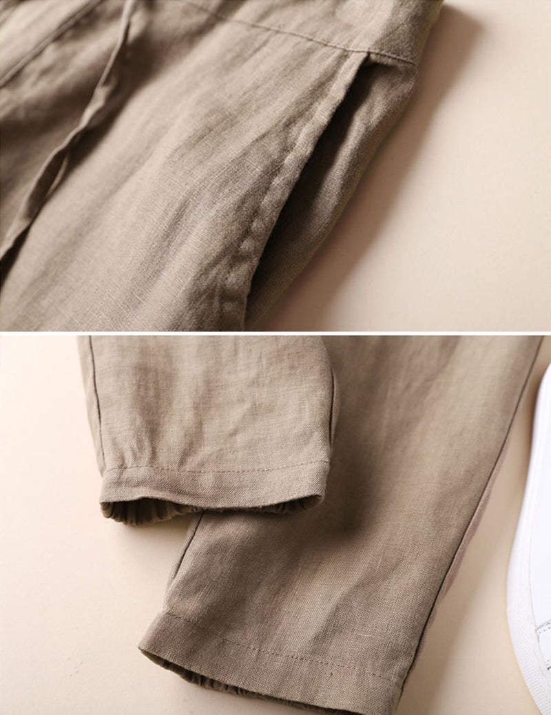 IXIMO Women's Tapered Pants 100% Linen Drawstring Back Elastic Waist Pants Trousers with Pockets Dark Khaki M - Image 5